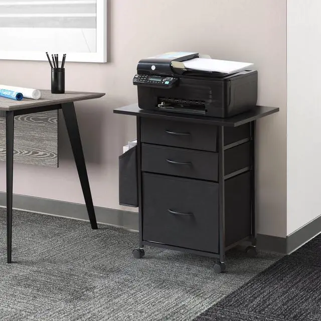 Alt view image 3 of 7 - Cabinet Printer Stand with 3 Fabric Drawer, Mobile File Cabinet for Home Office with Storage Bag, Rolling Under Desk Organizer Shelf, for Hanging A4, Letter Size, Complete Top Plate (Black)
