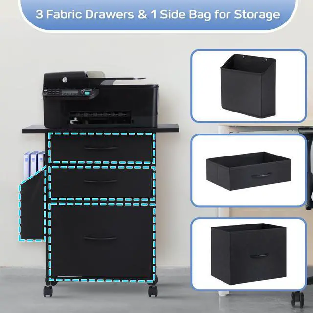Alt view image 5 of 7 - Printer Stand with 3 Fabric Drawer, Mobile File Cabinet for Home Office with Storage Bag, Rolling Under Desk Organizer Shelf, Fits A4 or Letter Size, Complete Top Plate Fast Assembly (Night Black)
