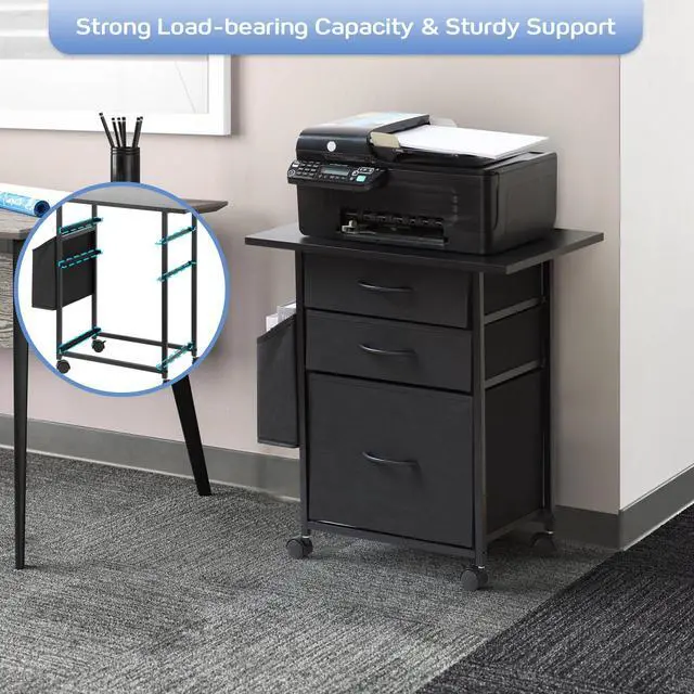 Alt view image 4 of 7 - Printer Stand with 3 Fabric Drawer, Mobile File Cabinet for Home Office with Storage Bag, Rolling Under Desk Organizer Shelf, Fits A4 or Letter Size, Complete Top Plate Fast Assembly (Night Black)