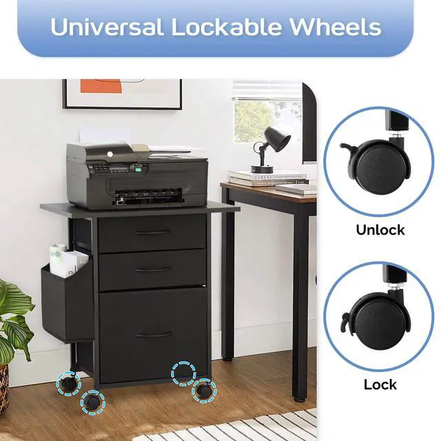 Alt view image 6 of 7 - Printer Stand with 3 Fabric Drawer, Mobile File Cabinet for Home Office with Storage Bag, Rolling Under Desk Organizer Shelf, Fits A4 or Letter Size, Complete Top Plate Fast Assembly (Night Black)