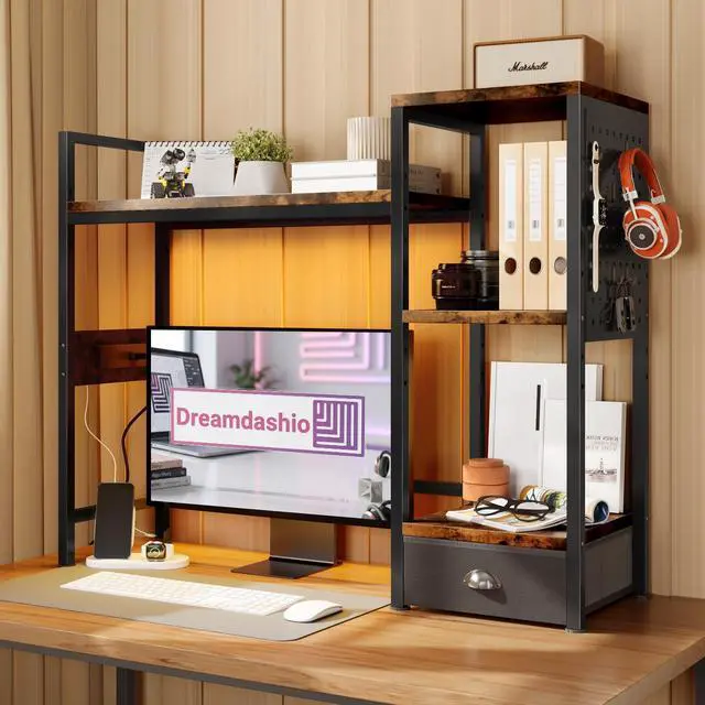 Main image of Desk Hutch with Shelves & Outlets, Desktop Bookshelf Organizer with RGB Lights, Storage Drawer & Pegboard, AntiTip Strap for Gaming/Office/Dorm