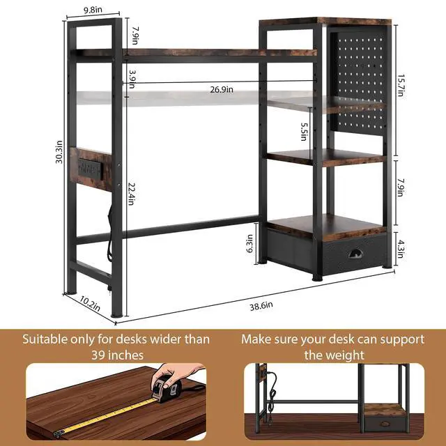 Alt view image 2 of 7 - Desk Hutch with Shelves & Outlets, Desktop Bookshelf Organizer with RGB Lights, Storage Drawer & Pegboard, AntiTip Strap for Gaming/Office/Dorm