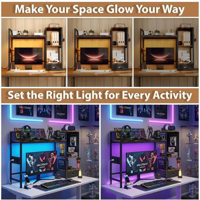 Alt view image 3 of 7 - Desk Hutch with Shelves & Outlets, Desktop Bookshelf Organizer with RGB Lights, Storage Drawer & Pegboard, AntiTip Strap for Gaming/Office/Dorm