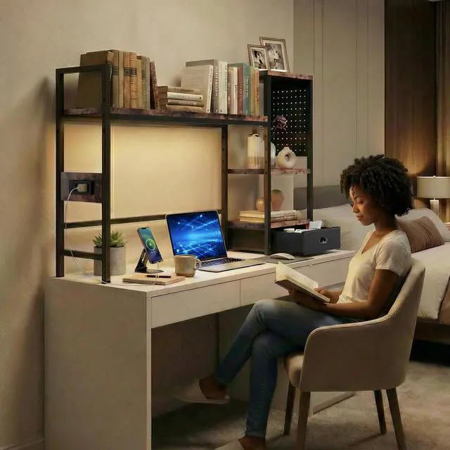 Alt view image 5 of 7 - Desk Hutch with Shelves & Outlets, Desktop Bookshelf Organizer with RGB Lights, Storage Drawer & Pegboard, AntiTip Strap for Gaming/Office/Dorm