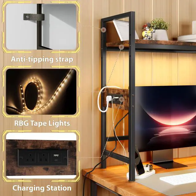 Alt view image 7 of 7 - Desk Hutch with Shelves & Outlets, Desktop Bookshelf Organizer with RGB Lights, Storage Drawer & Pegboard, AntiTip Strap for Gaming/Office/Dorm