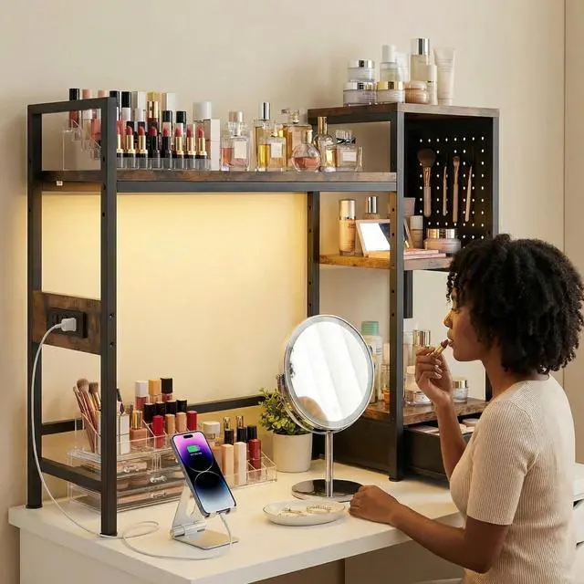 Alt view image 6 of 7 - Desk Hutch with Shelves & Outlets, Desktop Bookshelf Organizer with RGB Lights, Storage Drawer & Pegboard, AntiTip Strap for Gaming/Office/Dorm