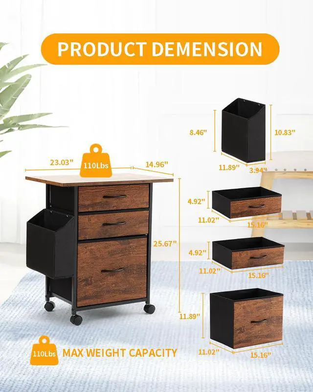 Alt view image 2 of 7 - Cabinet Printer Stand with 3 Fabric Drawer, Mobile File Cabinet for Home Office with Storage Bag, Rolling Under Desk Organizer Shelf, for Hanging A4, Letter Size, Complete Top Plate (Brown)