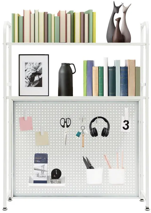 Main image of Desktop Hutch Bookshelf, 2-Tier Metal Desk Shelf Bookcase, Countertop Storage Organizer, Multipurpose Display Rack with Pegboard Hooks Screwdriver Set for Dorm Office Home (White, 21.6")