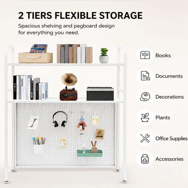 Alt view image 3 of 7 - Desktop Hutch Bookshelf, 2-Tier Metal Desk Shelf Bookcase, Countertop Storage Organizer, Multipurpose Display Rack with Pegboard Hooks Screwdriver Set for Dorm Office Home (White, 21.6")