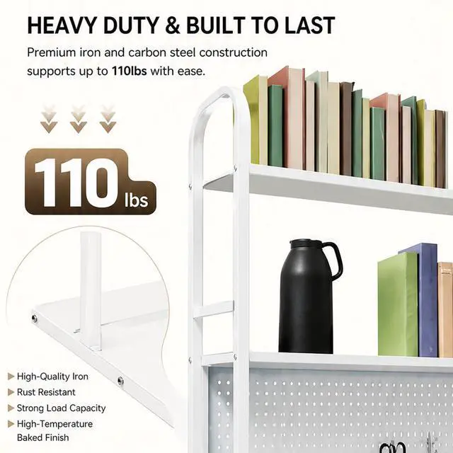 Alt view image 5 of 7 - Desktop Hutch Bookshelf, 2-Tier Metal Desk Shelf Bookcase, Countertop Storage Organizer, Multipurpose Display Rack with Pegboard Hooks Screwdriver Set for Dorm Office Home (White, 21.6")