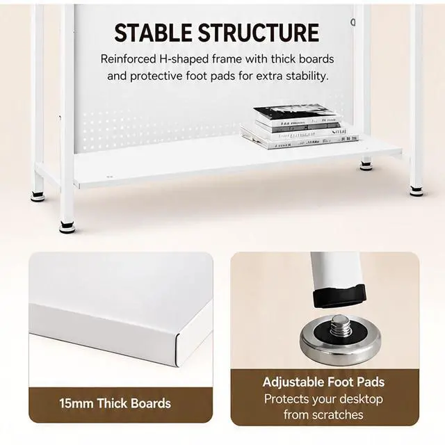 Alt view image 4 of 7 - Desktop Hutch Bookshelf, 2-Tier Metal Desk Shelf Bookcase, Countertop Storage Organizer, Multipurpose Display Rack with Pegboard Hooks Screwdriver Set for Dorm Office Home (White, 21.6")