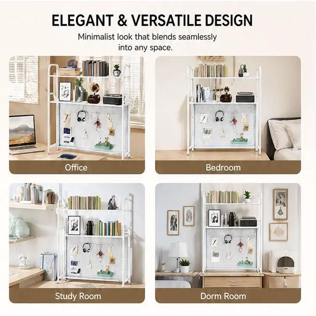 Alt view image 6 of 7 - Desktop Hutch Bookshelf, 2-Tier Metal Desk Shelf Bookcase, Countertop Storage Organizer, Multipurpose Display Rack with Pegboard Hooks Screwdriver Set for Dorm Office Home (White, 21.6")
