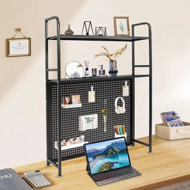 Main image of Desktop Hutch Bookshelf, 2-Tier Metal Desk Shelf Bookcase, Countertop Storage Organizer, Multipurpose Display Rack with Pegboard Hooks Screwdriver Set for Dorm Office Home (Black, 21.6")