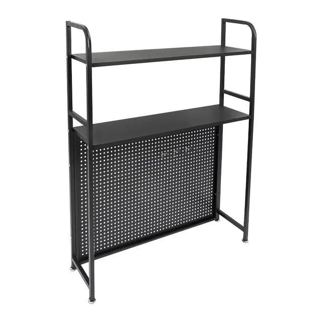 Alt view image 6 of 7 - Desktop Hutch Bookshelf, 2-Tier Metal Desk Shelf Bookcase, Countertop Storage Organizer, Multipurpose Display Rack with Pegboard Hooks Screwdriver Set for Dorm Office Home (Black, 21.6")