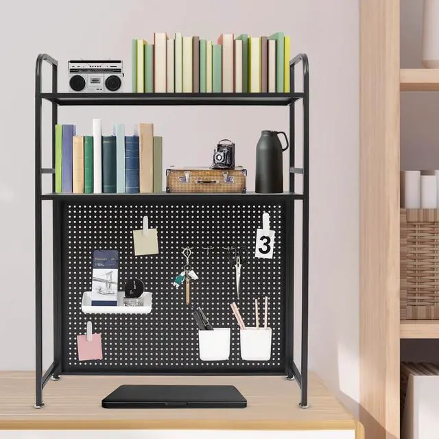 Alt view image 3 of 7 - Desktop Hutch Bookshelf, 2-Tier Metal Desk Shelf Bookcase, Countertop Storage Organizer, Multipurpose Display Rack with Pegboard Hooks Screwdriver Set for Dorm Office Home (Black, 21.6")