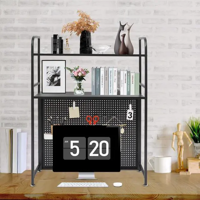Alt view image 4 of 7 - Desktop Hutch Bookshelf, 2-Tier Metal Desk Shelf Bookcase, Countertop Storage Organizer, Multipurpose Display Rack with Pegboard Hooks Screwdriver Set for Dorm Office Home (Black, 21.6")