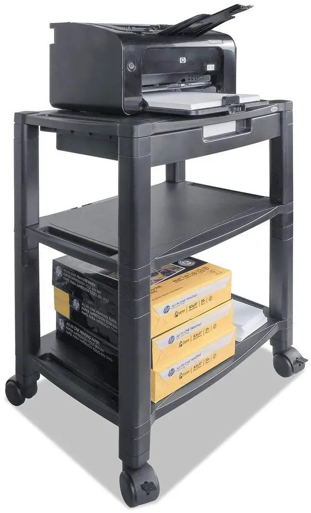 Alt view image 4 of 5 - Height-Adjustable Deskside Printer Cart, Plastic, 3 Shelves, 1 Drawer, 60 lb Capacity, 20" x 13.25" x 24.5", Black
