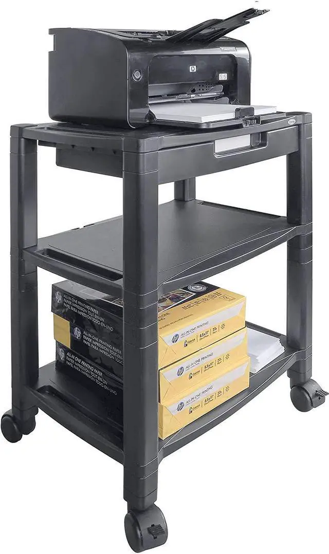 Alt view image 3 of 5 - Height-Adjustable Deskside Printer Cart, Plastic, 3 Shelves, 1 Drawer, 60 lb Capacity, 20" x 13.25" x 24.5", Black