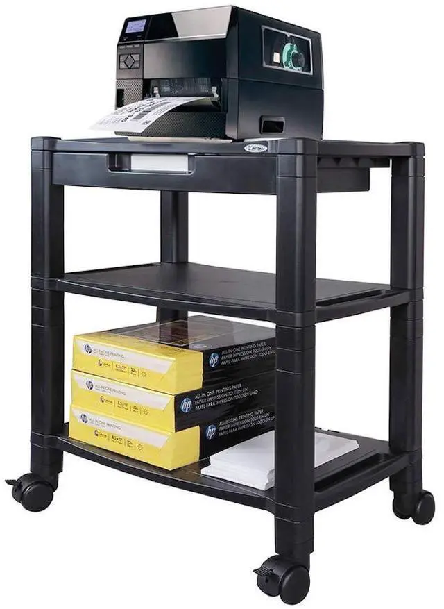 Alt view image 2 of 5 - Height-Adjustable Deskside Printer Cart, Plastic, 3 Shelves, 1 Drawer, 60 lb Capacity, 20" x 13.25" x 24.5", Black