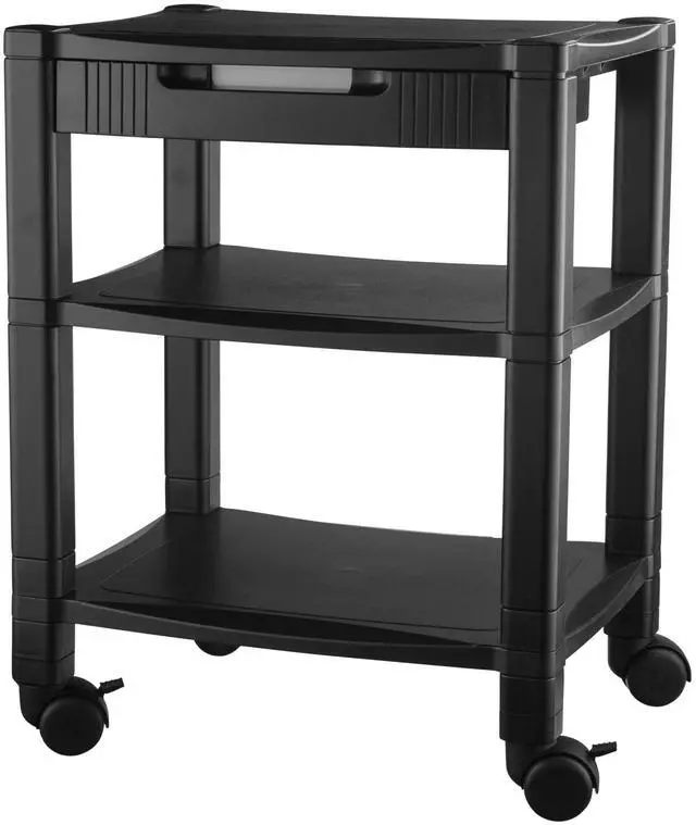 Main image of Height-Adjustable Deskside Printer Cart, Plastic, 3 Shelves, 1 Drawer, 75 lb Capacity, 17" x 13.25" x 24.5", Black