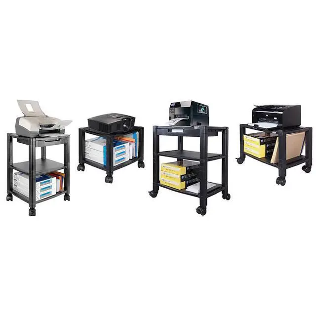 Alt view image 3 of 6 - Height-Adjustable Deskside Printer Cart, Plastic, 3 Shelves, 1 Drawer, 75 lb Capacity, 17" x 13.25" x 24.5", Black