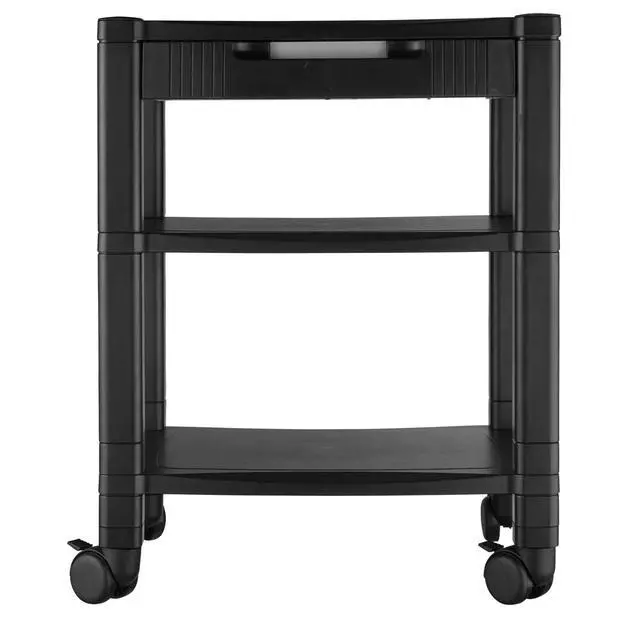 Alt view image 4 of 6 - Height-Adjustable Deskside Printer Cart, Plastic, 3 Shelves, 1 Drawer, 75 lb Capacity, 17" x 13.25" x 24.5", Black