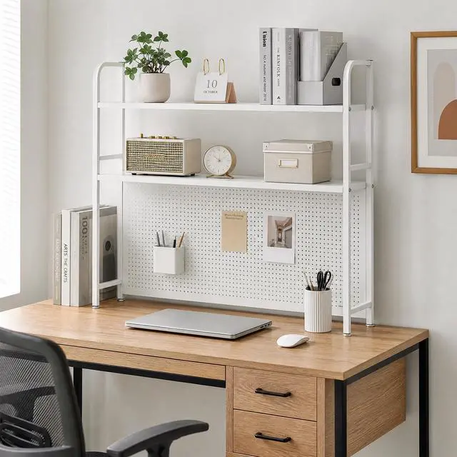 Main image of 2 Tiers Desktop Hutch Bookshelf, 45" W Countertop Storage Organizer, Metal Desk Shelf Bookcase, Multipurpose Display Rack with Pegboard Screwdriver Set for Dorm Office Home, White