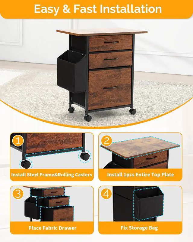 Alt view image 3 of 7 - Cabinet Printer Stand with 3 Fabric Drawer, Mobile File Cabinet for Home Office with Storage Bag, Rolling Under Desk Organizer Shelf, for Hanging A4, Letter Size, Complete Top Plate (Brown)