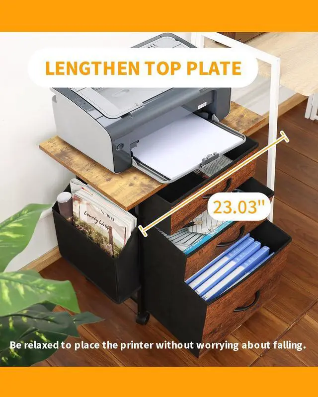 Alt view image 7 of 7 - Cabinet Printer Stand with 3 Fabric Drawer, Mobile File Cabinet for Home Office with Storage Bag, Rolling Under Desk Organizer Shelf, for Hanging A4, Letter Size, Complete Top Plate (Brown)