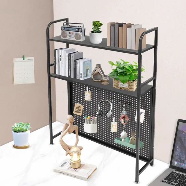 Alt view image 5 of 7 - Desktop Hutch Bookshelf, 2-Tier Metal Desk Shelf Bookcase, Countertop Storage Organizer, Multipurpose Display Rack with Pegboard Hooks Screwdriver Set for Dorm Office Home (Black, 21.6")
