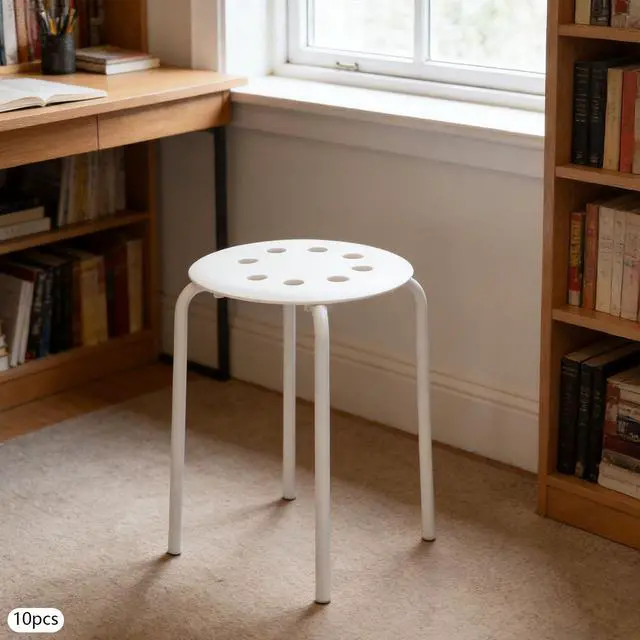 Alt view image 2 of 7 - 10 Pack White Plastic Stack Stools, 17.7 Inch Portable Plastic Stools, Backless Stackable Stools Set of 10, Stacking Round Stools for School Classroom and Office (10, White)