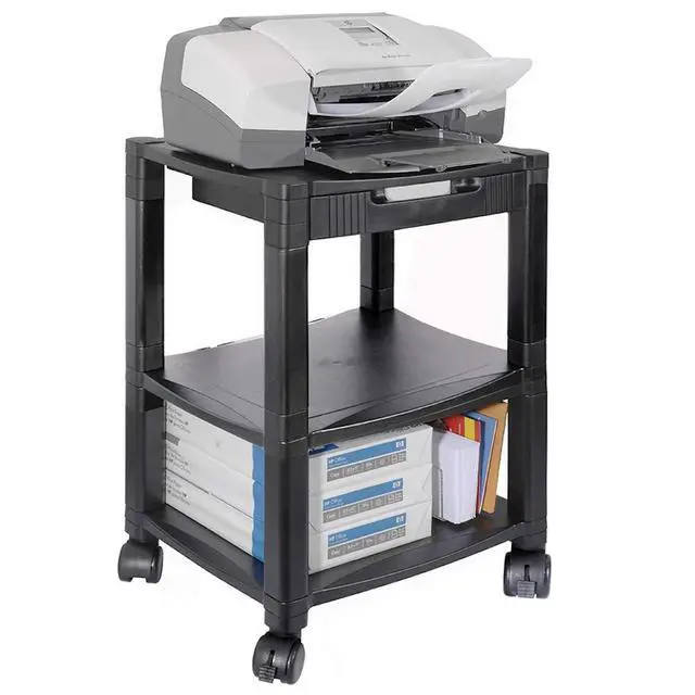 Alt view image 2 of 6 - Height-Adjustable Deskside Printer Cart, Plastic, 3 Shelves, 1 Drawer, 75 lb Capacity, 17" x 13.25" x 24.5", Black