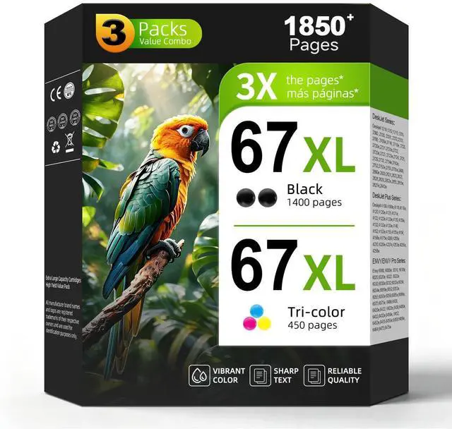 Main image of 67XL Ink Cartridges 3-Pack Replacement for HP Ink 67 HP67 XL HP67XL Black Color Combo for 2800 2855e 4125e 4100 4200 2755e 6055e 6000 2700e 2742e 2752e 6400 4155e 2700 6455e 2827e 4200e 6458 Printer