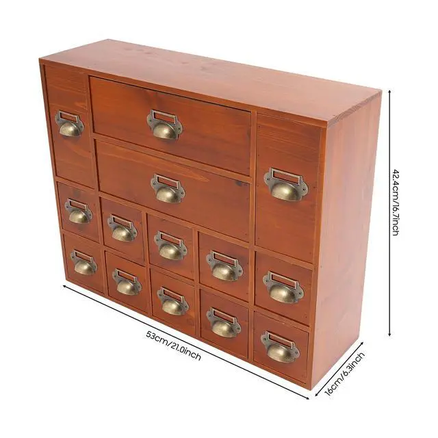 Alt view image 2 of 7 - Wooden Desk Drawer Organizer, 3 Sizes Vintage Apothecary Drawers Cabinet with 14 Drawers Label Frame Practical Card Catalog Cabinets for Household Office Medicine Tea Bags (Old Brown)