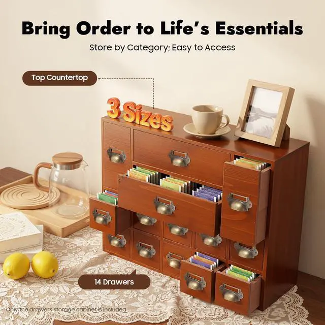 Alt view image 3 of 7 - Wooden Desk Drawer Organizer, 3 Sizes Vintage Apothecary Drawers Cabinet with 14 Drawers Label Frame Practical Card Catalog Cabinets for Household Office Medicine Tea Bags (Old Brown)