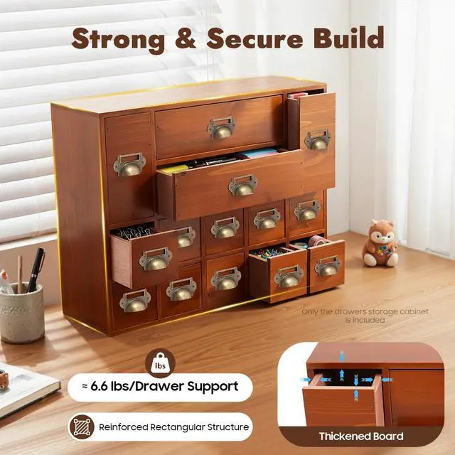 Alt view image 5 of 7 - Wooden Desk Drawer Organizer, 3 Sizes Vintage Apothecary Drawers Cabinet with 14 Drawers Label Frame Practical Card Catalog Cabinets for Household Office Medicine Tea Bags (Old Brown)
