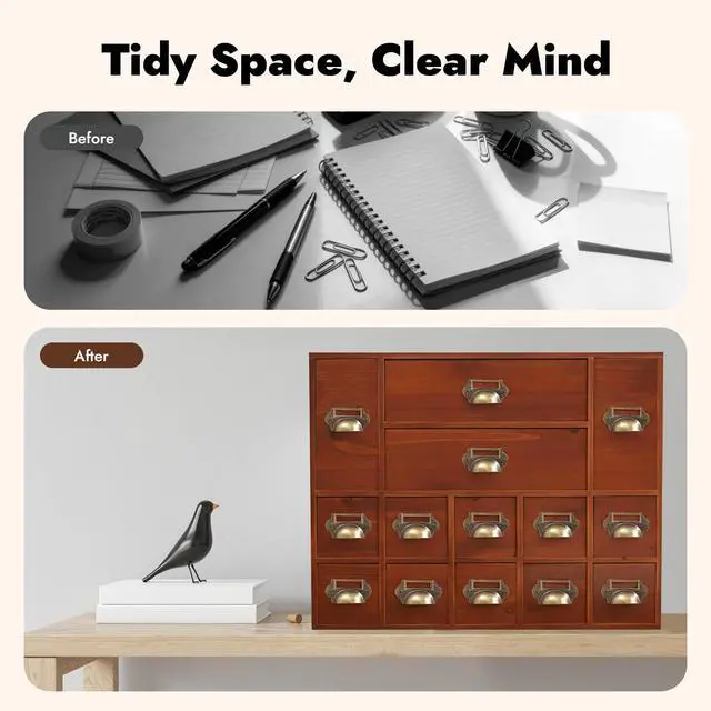 Alt view image 4 of 7 - Wooden Desk Drawer Organizer, 3 Sizes Vintage Apothecary Drawers Cabinet with 14 Drawers Label Frame Practical Card Catalog Cabinets for Household Office Medicine Tea Bags (Old Brown)