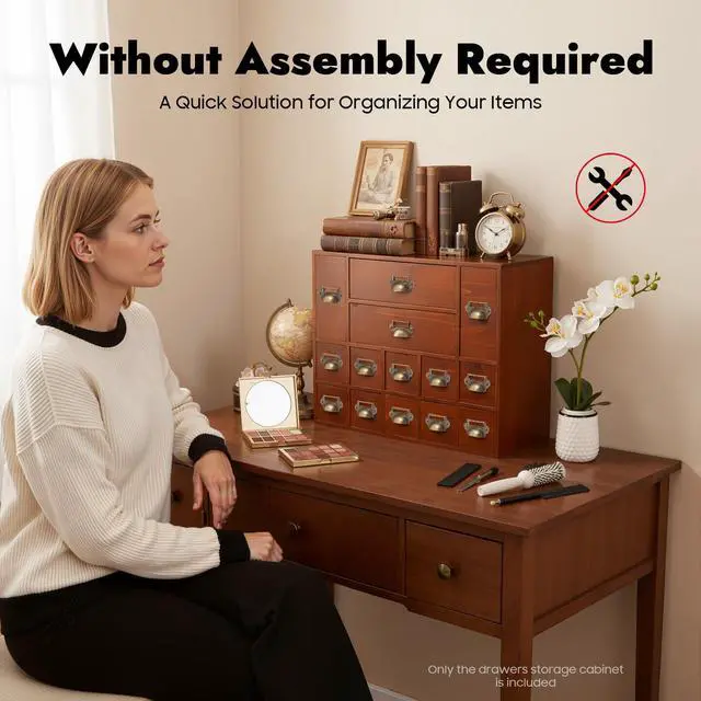 Alt view image 6 of 7 - Wooden Desk Drawer Organizer, 3 Sizes Vintage Apothecary Drawers Cabinet with 14 Drawers Label Frame Practical Card Catalog Cabinets for Household Office Medicine Tea Bags (Old Brown)