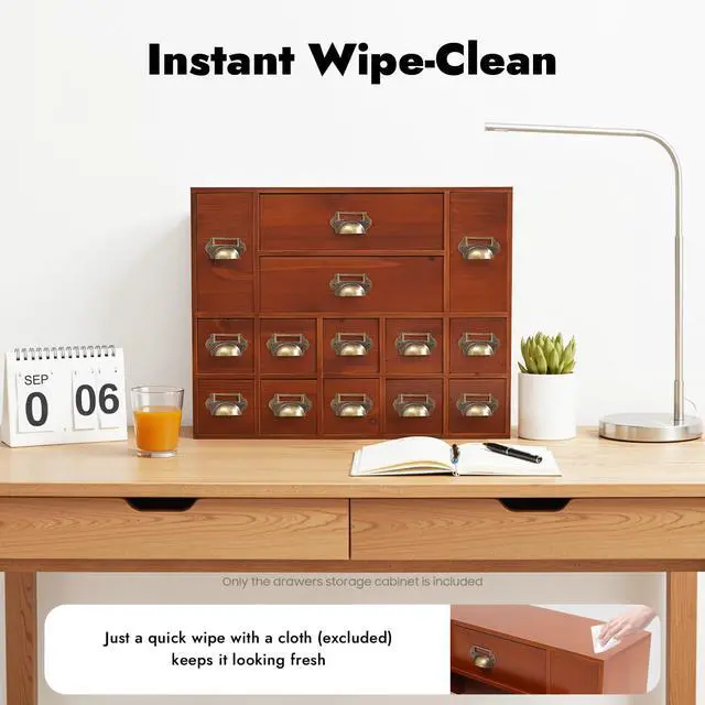 Alt view image 7 of 7 - Wooden Desk Drawer Organizer, 3 Sizes Vintage Apothecary Drawers Cabinet with 14 Drawers Label Frame Practical Card Catalog Cabinets for Household Office Medicine Tea Bags (Old Brown)