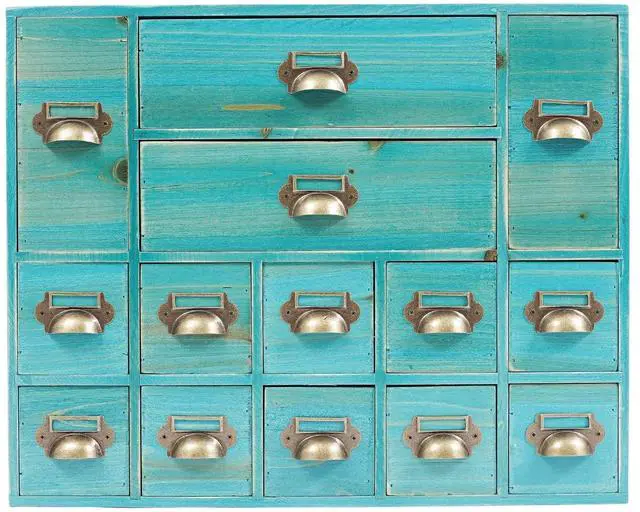 Main image of Wooden Desk Drawer Organizer, 3 Sizes Vintage Apothecary Drawers Cabinet with 14 Drawers Label Frame Practical Card Catalog Cabinets for Household Office Medicine Tea Bags (Blue)