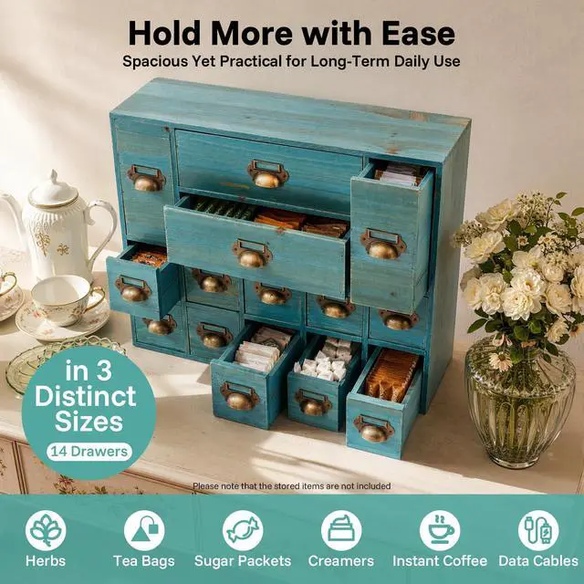 Alt view image 2 of 7 - Wooden Desk Drawer Organizer, 3 Sizes Vintage Apothecary Drawers Cabinet with 14 Drawers Label Frame Practical Card Catalog Cabinets for Household Office Medicine Tea Bags (Blue)