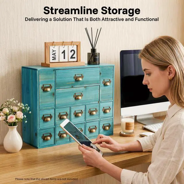 Alt view image 4 of 7 - Wooden Desk Drawer Organizer, 3 Sizes Vintage Apothecary Drawers Cabinet with 14 Drawers Label Frame Practical Card Catalog Cabinets for Household Office Medicine Tea Bags (Blue)