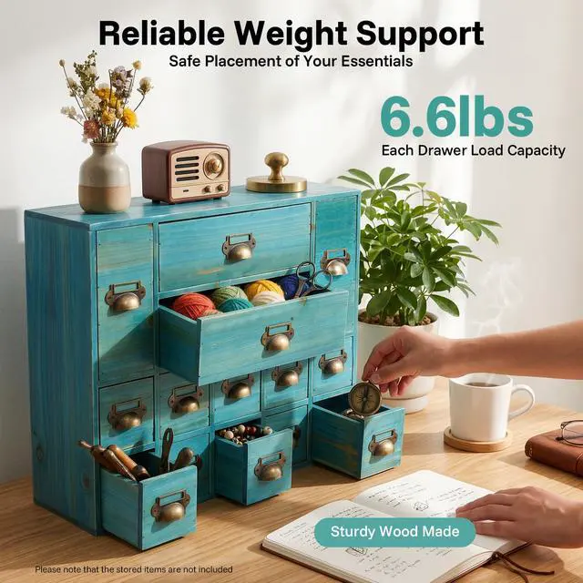 Alt view image 5 of 7 - Wooden Desk Drawer Organizer, 3 Sizes Vintage Apothecary Drawers Cabinet with 14 Drawers Label Frame Practical Card Catalog Cabinets for Household Office Medicine Tea Bags (Blue)