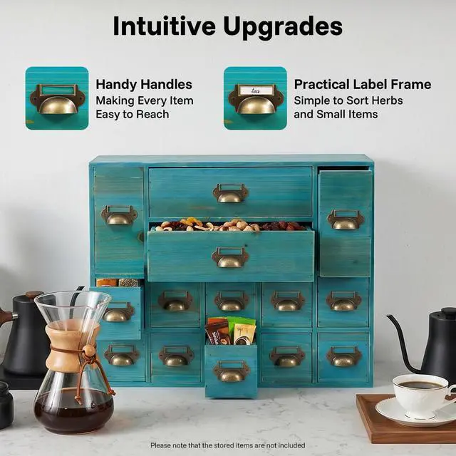 Alt view image 6 of 7 - Wooden Desk Drawer Organizer, 3 Sizes Vintage Apothecary Drawers Cabinet with 14 Drawers Label Frame Practical Card Catalog Cabinets for Household Office Medicine Tea Bags (Blue)