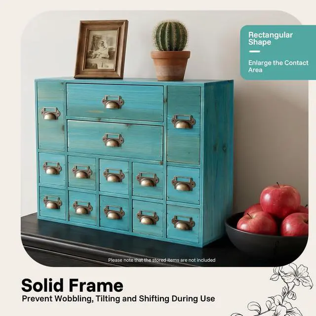 Alt view image 3 of 7 - Wooden Desk Drawer Organizer, 3 Sizes Vintage Apothecary Drawers Cabinet with 14 Drawers Label Frame Practical Card Catalog Cabinets for Household Office Medicine Tea Bags (Blue)
