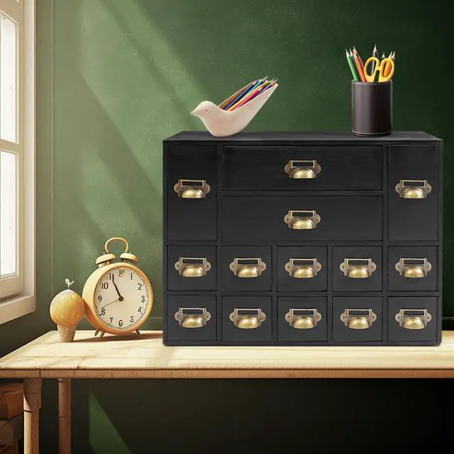 Main image of Wooden Desk Drawer Organizer, 3 Sizes Vintage Apothecary Drawers Cabinet with 14 Drawers Label Frame Practical Card Catalog Cabinets for Household Office Medicine Tea Bags (Black)