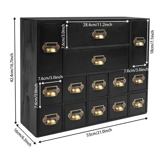 Alt view image 2 of 7 - Wooden Desk Drawer Organizer, 3 Sizes Vintage Apothecary Drawers Cabinet with 14 Drawers Label Frame Practical Card Catalog Cabinets for Household Office Medicine Tea Bags (Black)