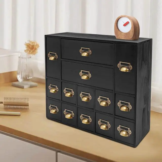 Alt view image 6 of 7 - Wooden Desk Drawer Organizer, 3 Sizes Vintage Apothecary Drawers Cabinet with 14 Drawers Label Frame Practical Card Catalog Cabinets for Household Office Medicine Tea Bags (Black)
