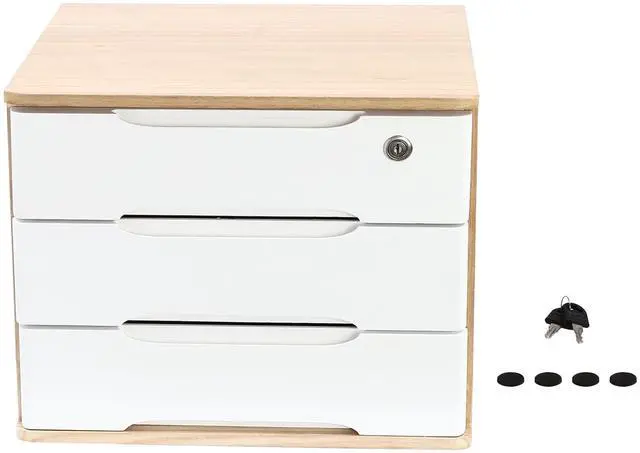 Main image of Wooden Desk Organizer with Drawers and Lock, Desktop Storage Cabinet,Drawer Organizer Desktop Drawer Wooden Storage Box for Home office Supplies (Wood&White, 3Tier)