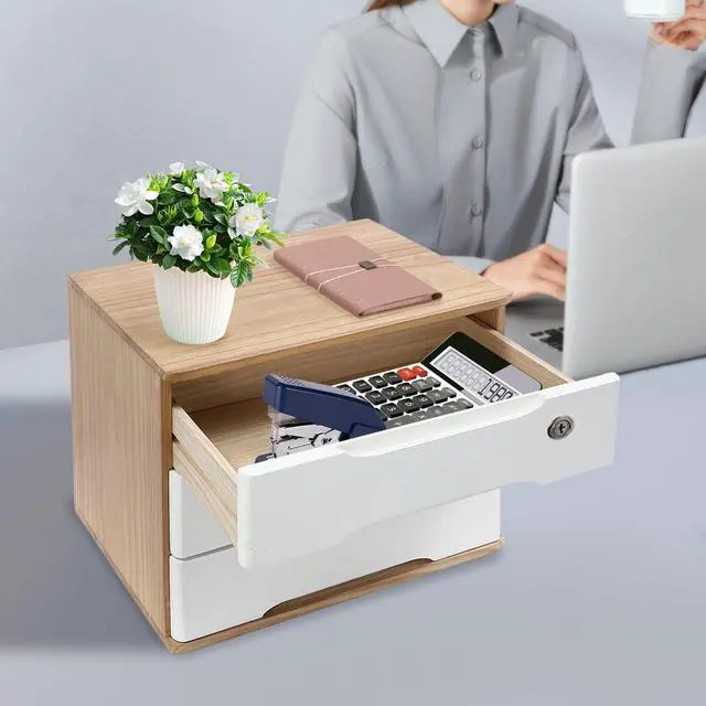 Alt view image 2 of 7 - Wooden Desk Organizer with Drawers and Lock, Desktop Storage Cabinet,Drawer Organizer Desktop Drawer Wooden Storage Box for Home office Supplies (Wood&White, 3Tier)
